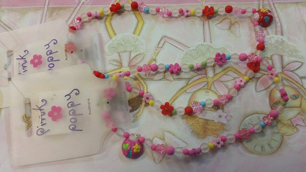 Pink Poppy Necklace with Lady Beetle