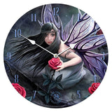 A round multicolored wall clock featuring an illustration of a fairy holding a rose, with a dark background and a subtle use of color.