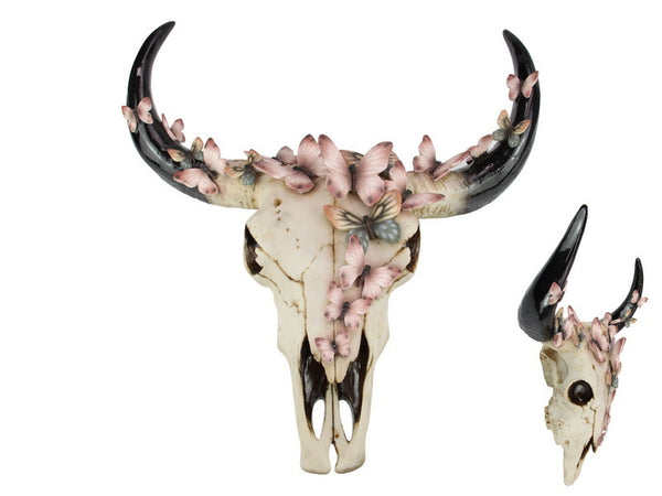 Tribal Cow Skulll With Butterfly Wall Hanger Statue