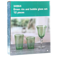 Green Rim & Bubble Glassware 12 Piece Set