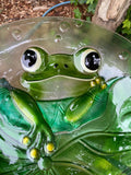 Frog Glass Top Bird Bath Green Garden Statue Ornament
